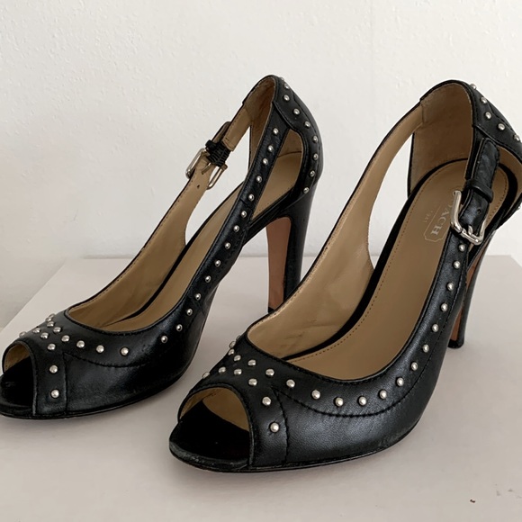Coach Billee Black Leather Studded Peep Toe Heels Pumps - Picture 4 of 8